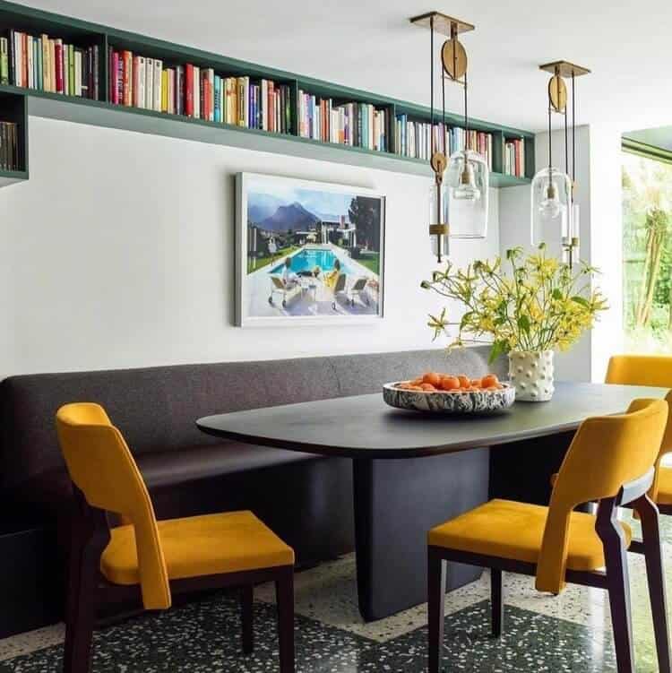 Yellow chairs around a table.