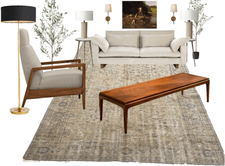 Collage of living room furniture and accessories.