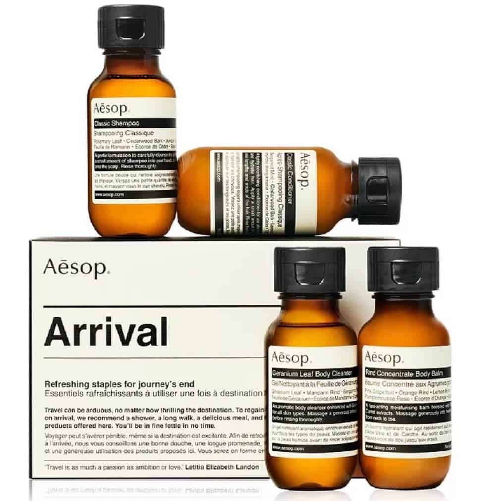 Several bottles of Aesop Arrival.