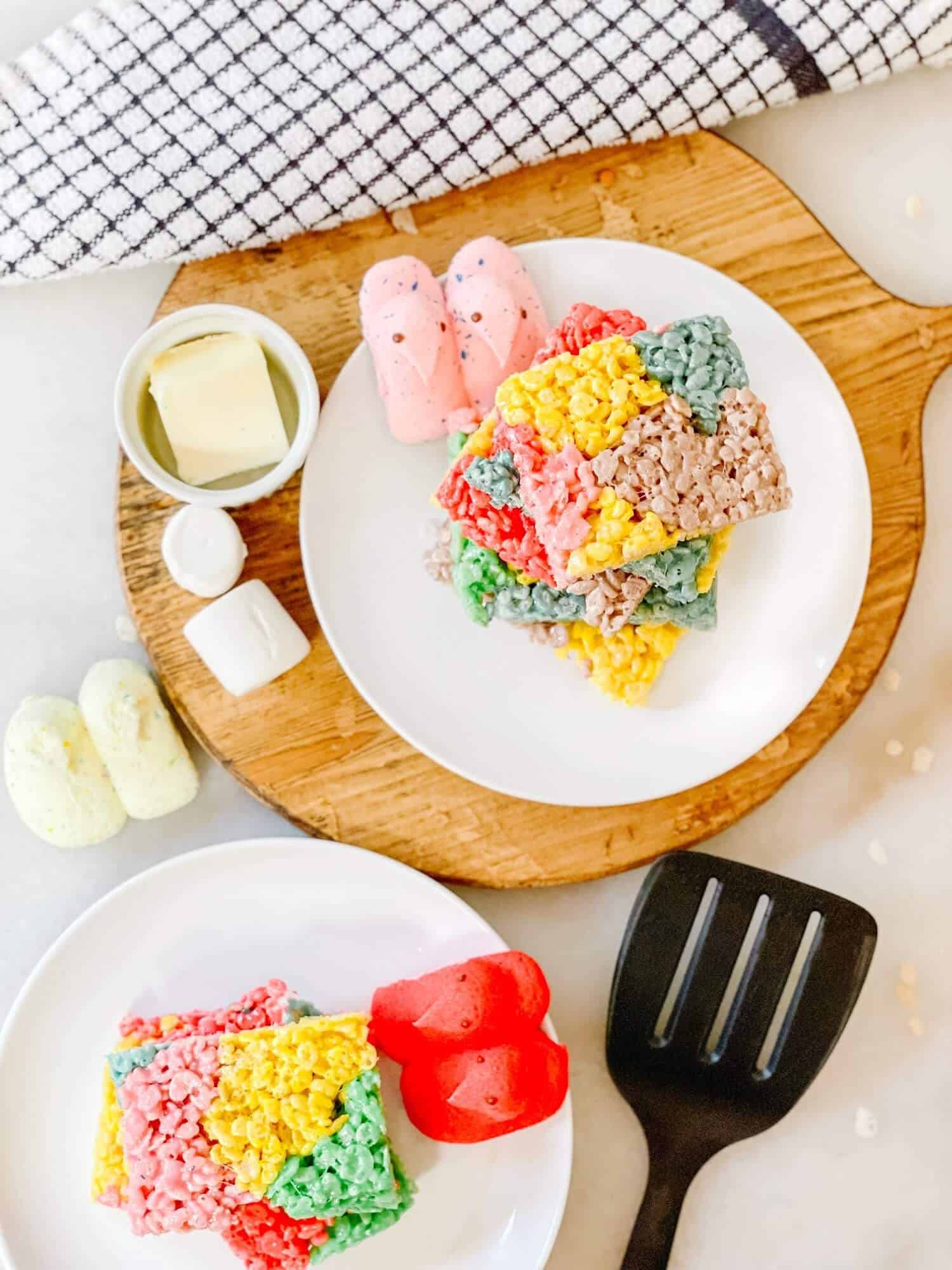Plates of colorful Peeps Rice Krispie Treats.