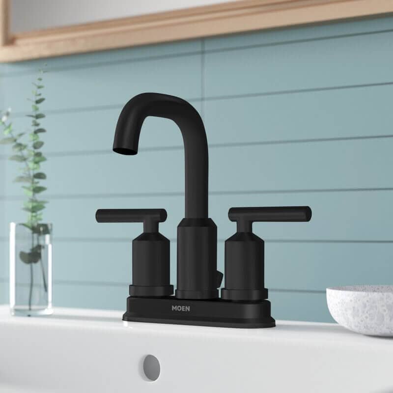 Matte black faucet with two handles.