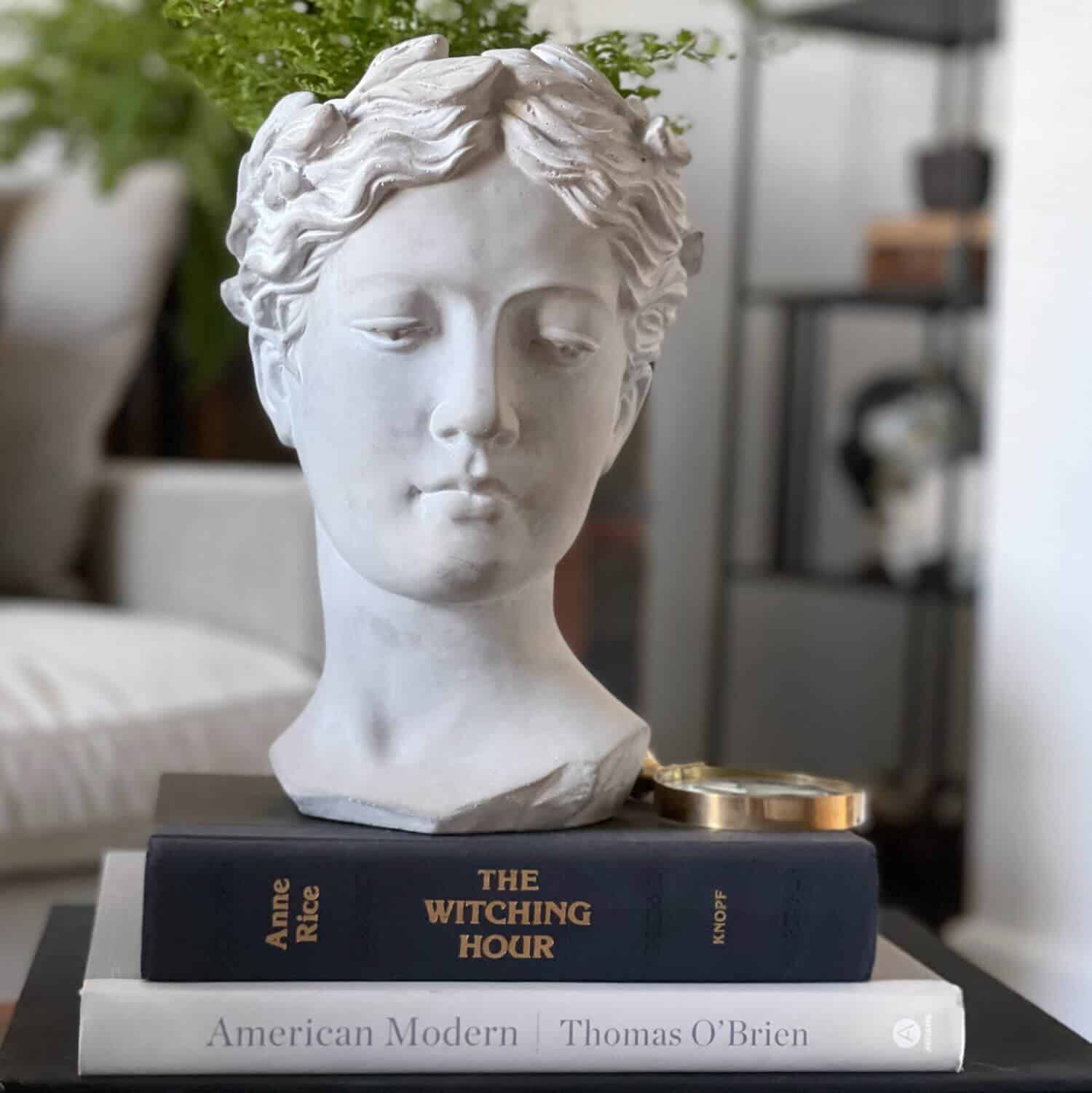 Greek goddess bust planter on a stack of books.