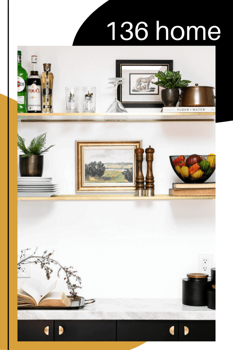 Bistro shelving on a white wall with text \"136 home.\"