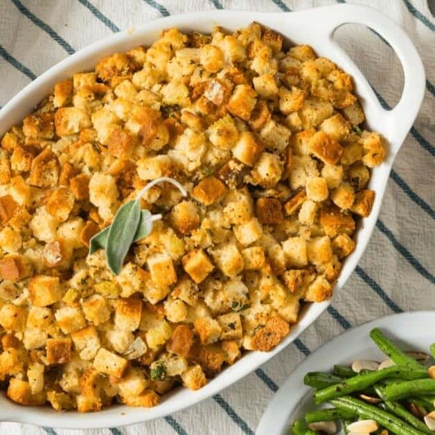 Pan of stuffing with sage and butter.