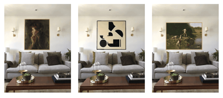 Collage of a living room with different pieces or art.