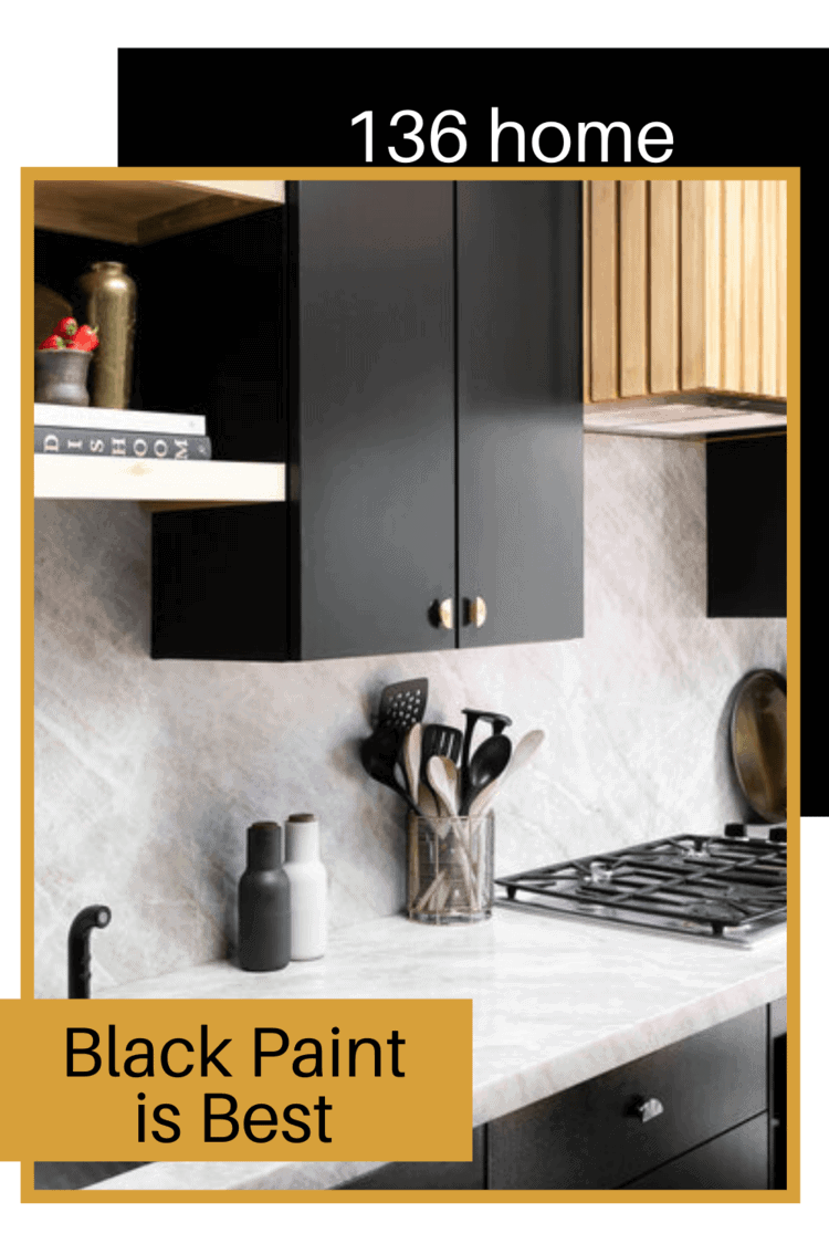 Black cabinets and marbled countertops with text \"Black paint is best.\"