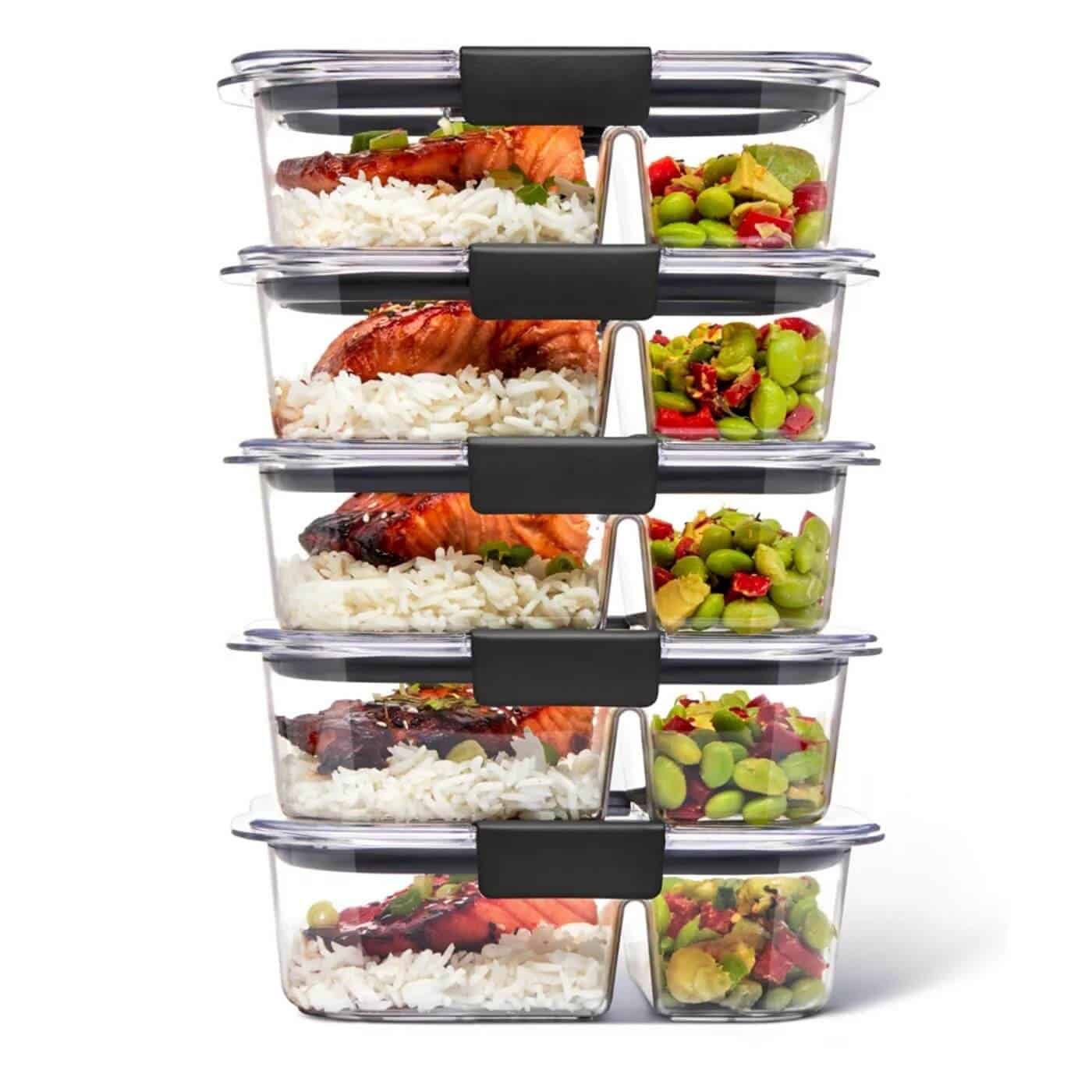 Five-high stack of filled Tupperware.
