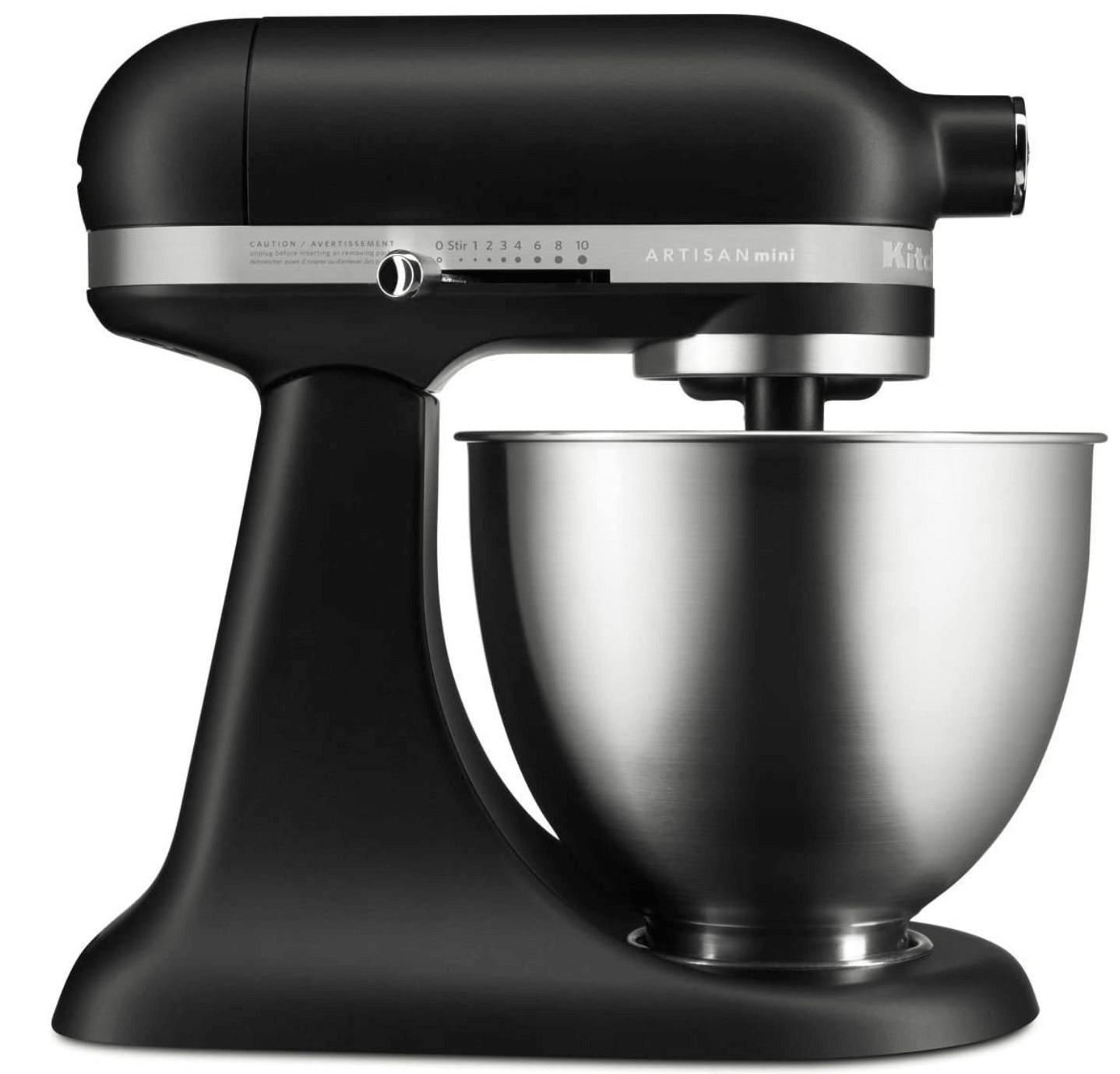 Black Kitchenaid stand mixer.