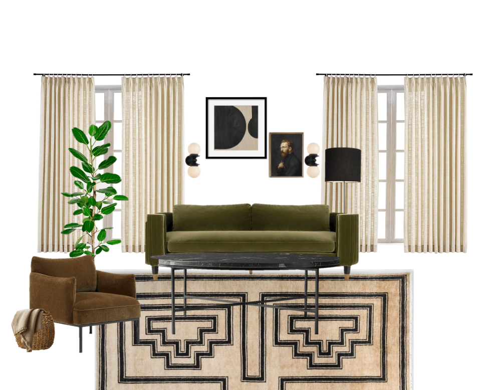Couch / Rug / Accent Chair / Curtains / Sconces / Floor Lamp / Modern Art / Portrait / Tree
