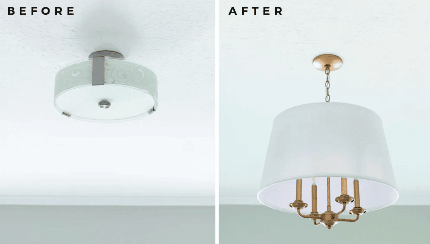 A picture of a simple light labeled \"before\" and a hanging light with some color labeled \"after.\"