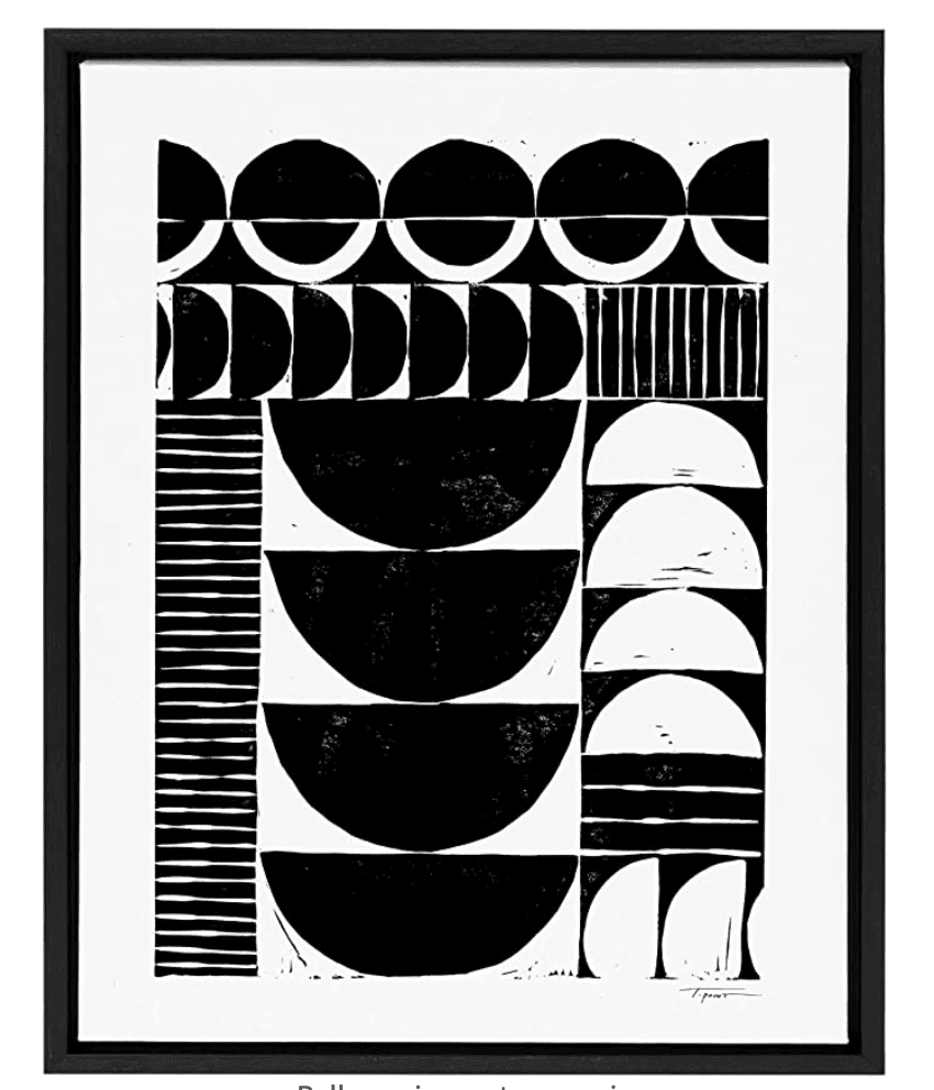 Black and white art with repeating shapes.