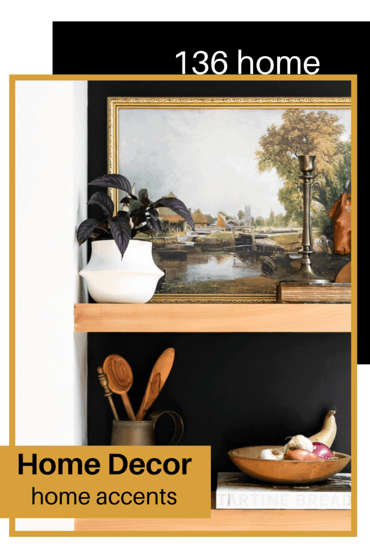 Shelves on a black wall with text \"Home Decor home accents.\"