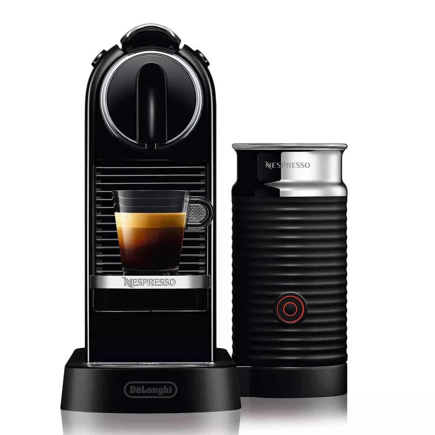 Black espresso machine by Delonghi.