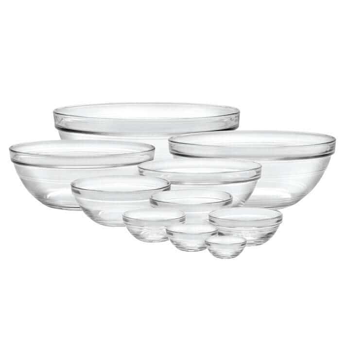 Ten Duralex glass mixing bowls.