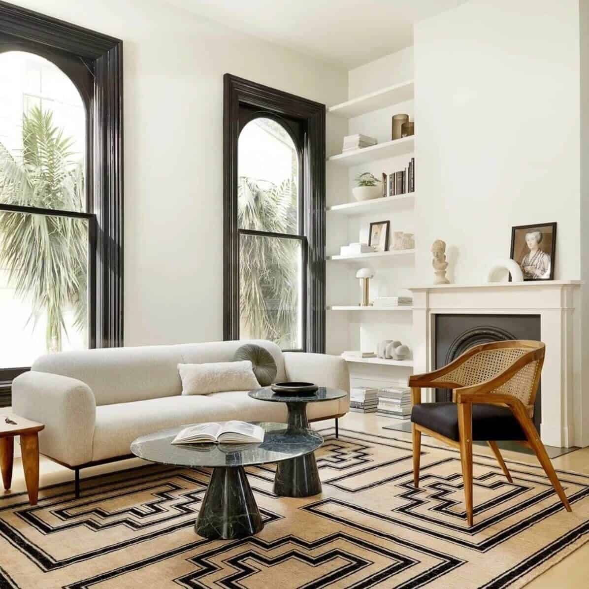 Geometric area rug under furniture.
