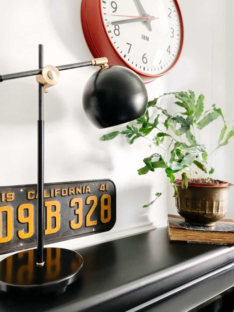 Black desk lamp near a plant.