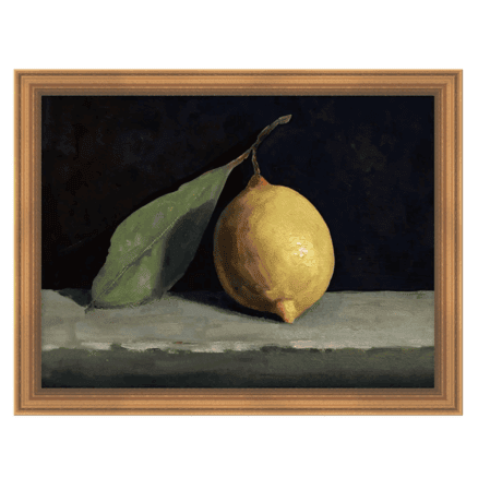 Framed painting of a lemon on a dark background.
