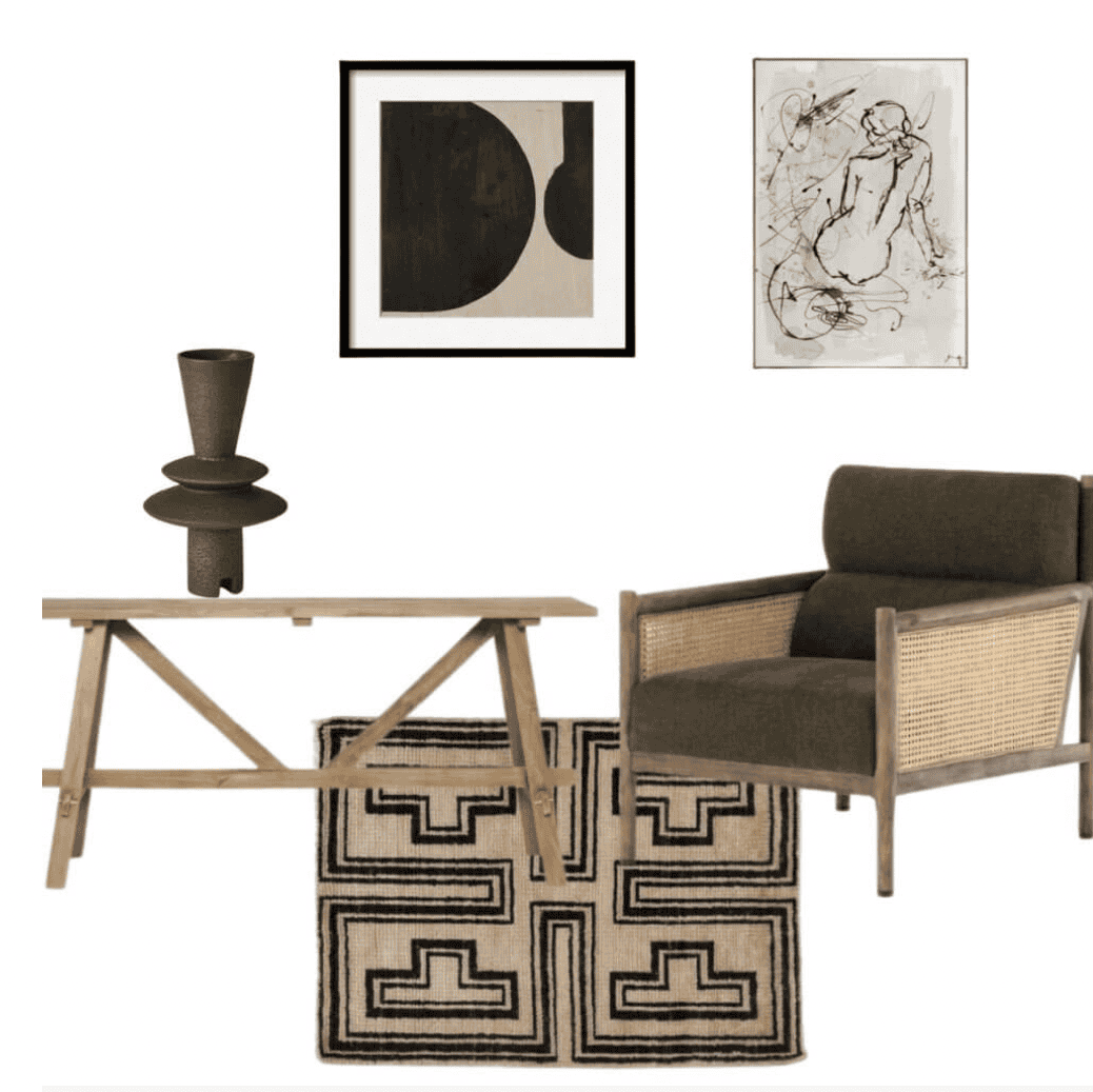 Collage of art, seating, and a rug.