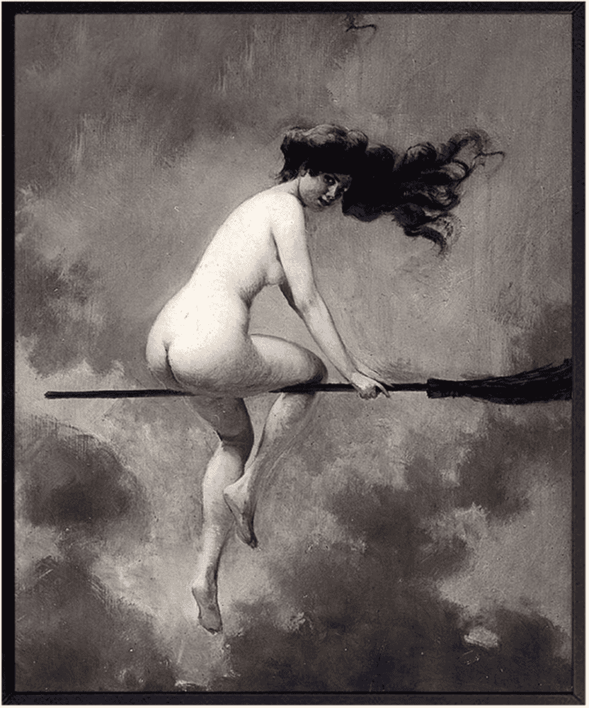 Painting of a nude woman on a broomstick.