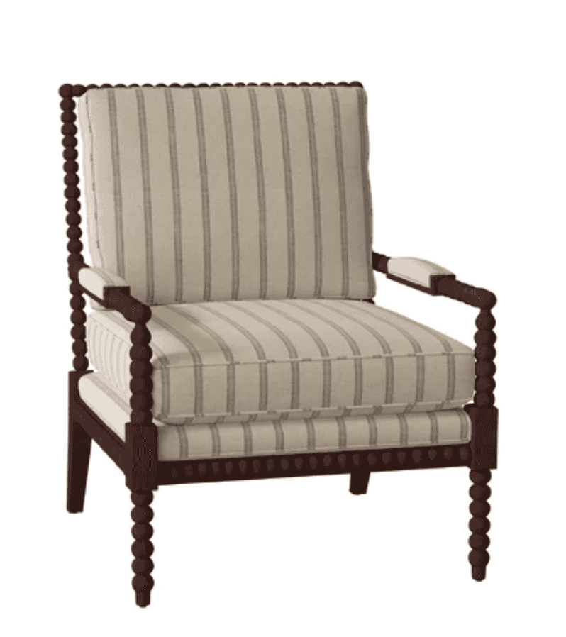 Striped, cushioned armchair.