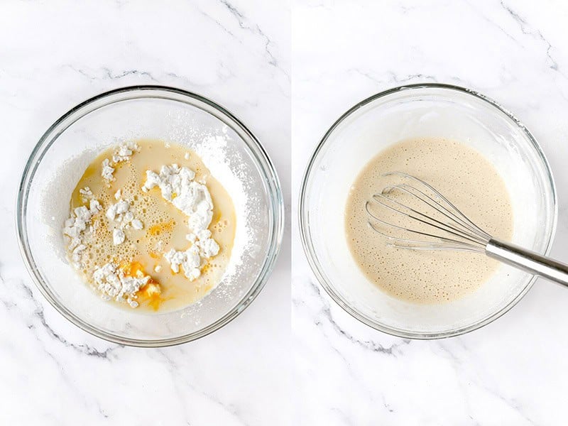 Bowls of unmixed and mixed ingredients.