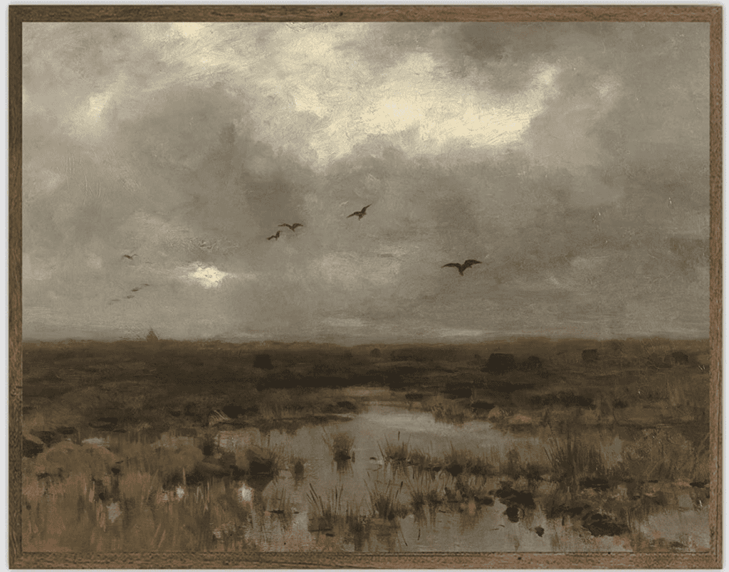 Framed painting of a marsh.