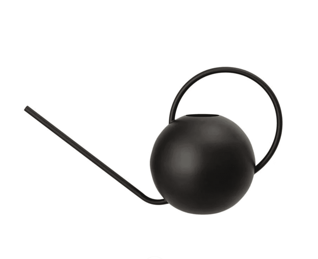 Black watering can with a long, thin spout.