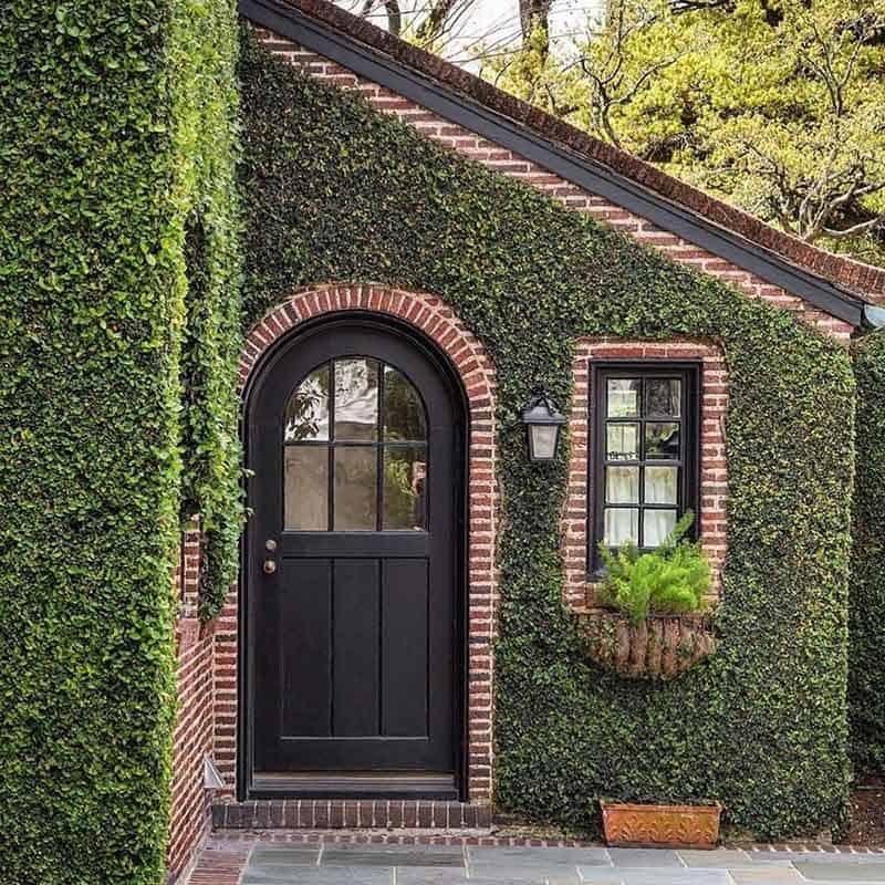 Black Arched door with brick.