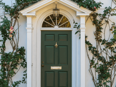 Green front door surrounded by vining plants.