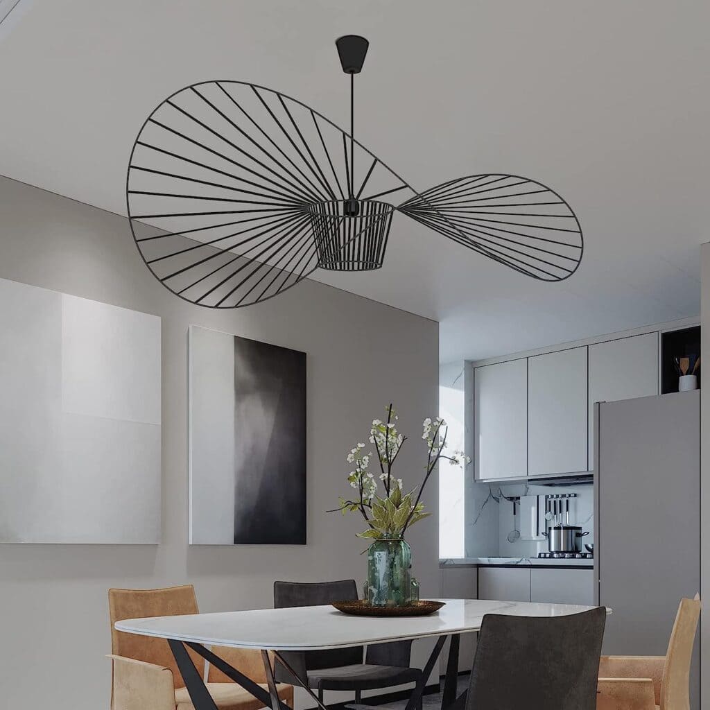 Black pendant chandelier with black metal bars.