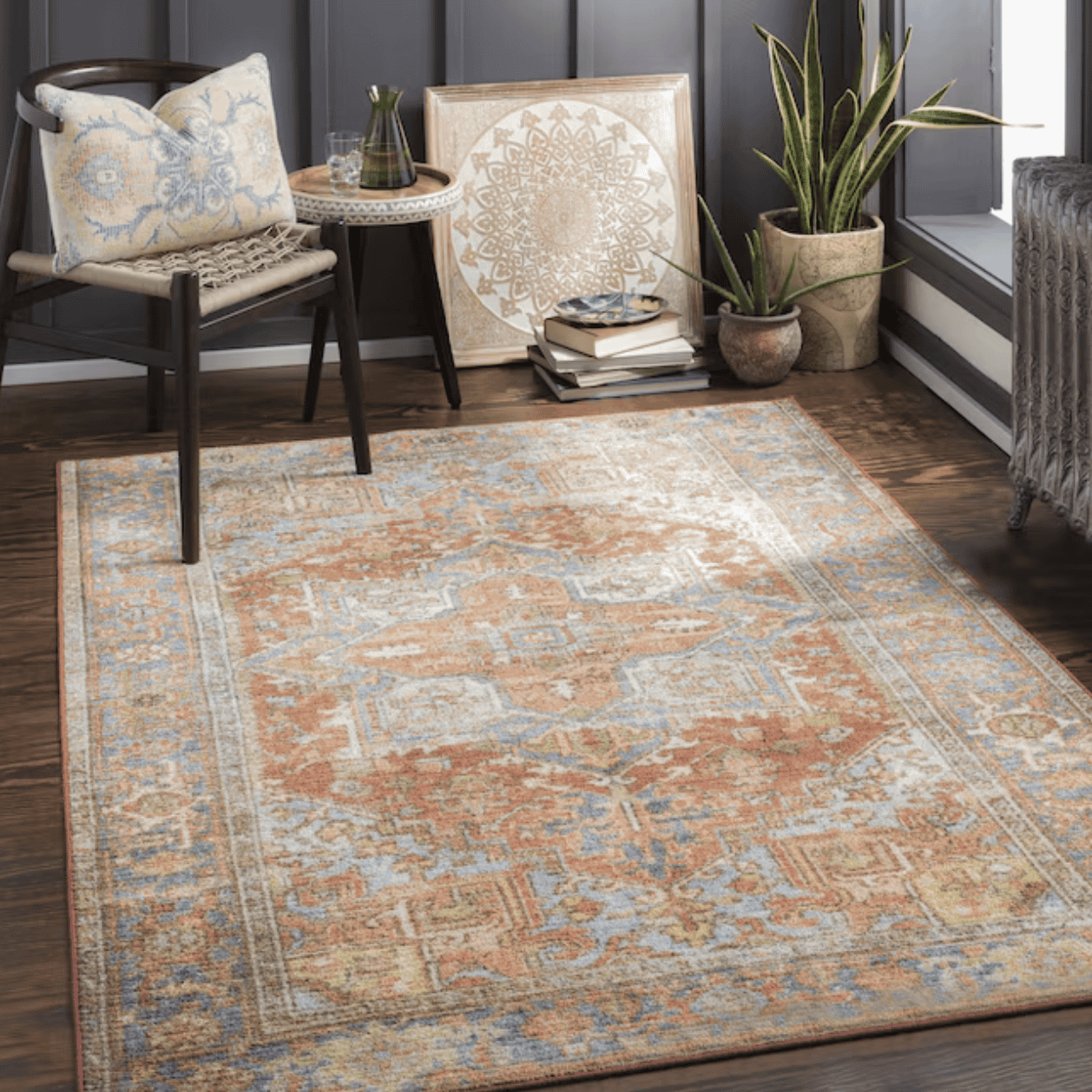 rug for a moody antique living room