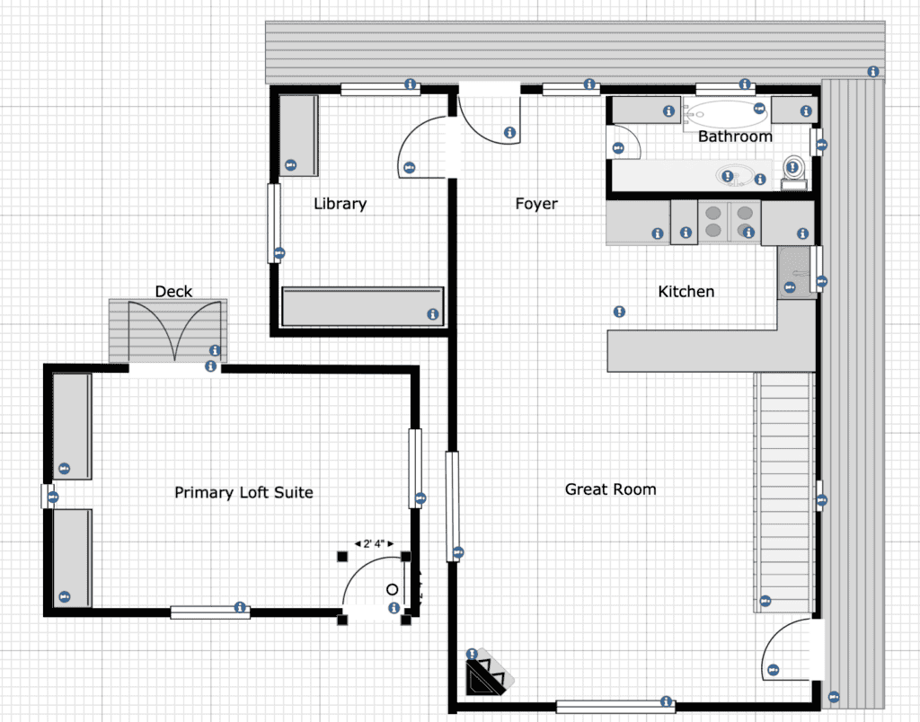 Architectural drawing of a building with a loft suite, library, foyer, bathroom, kitchen, and great room.