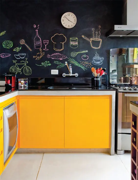 A Bright Kitchen In Yellow With Chalkboard Walls That Create A Contrast And Make The Space Look Catchy And Bold Thanks To Colorufl Art.jpg