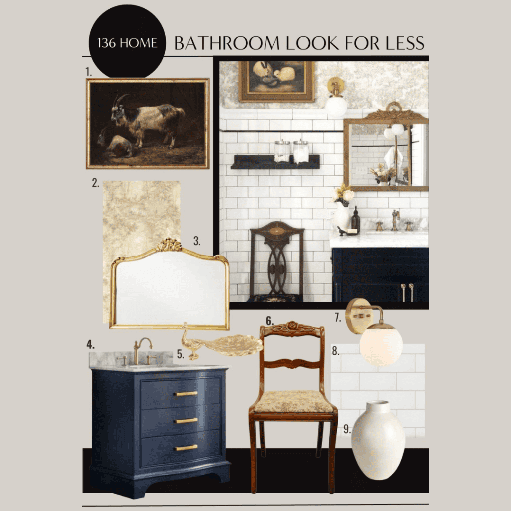 Numbered items including a vanity, light, and art.