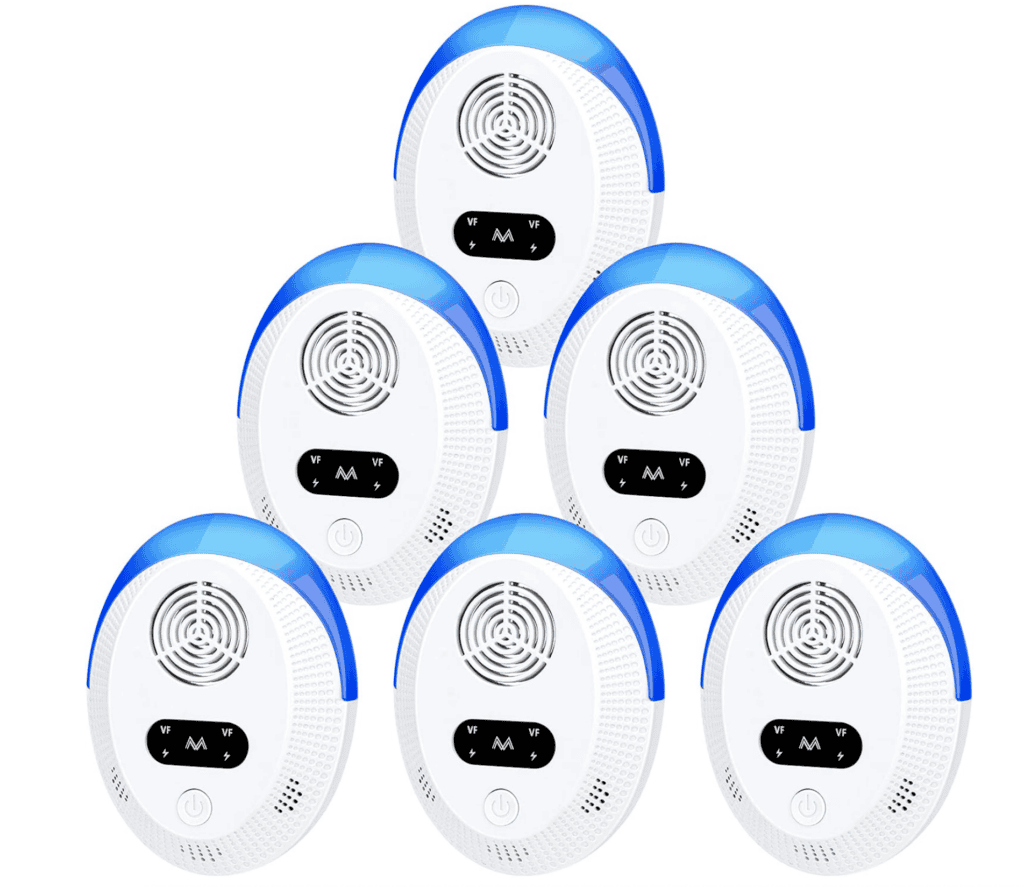 Six blue and white pest repellents.