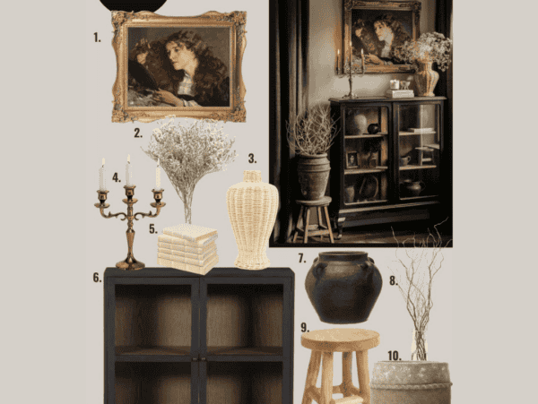Numbered items including a vase, branches, and art.
