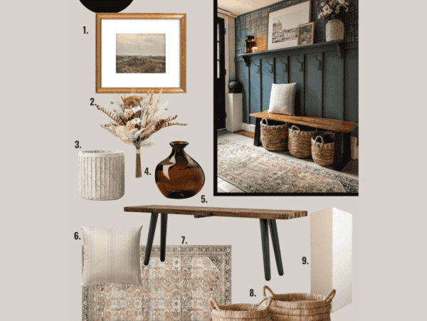 Numbered items including baskets, a bench, and a pillow.