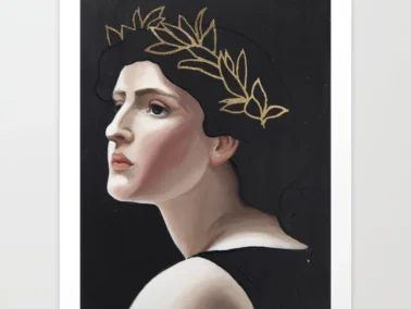 Dark picture of a woman wearing a laurel wreath.