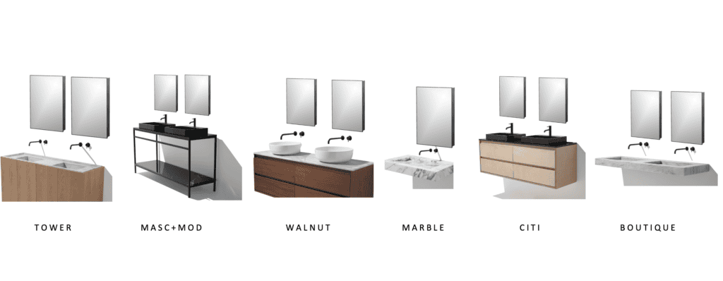Collage of six different bathroom vanities.