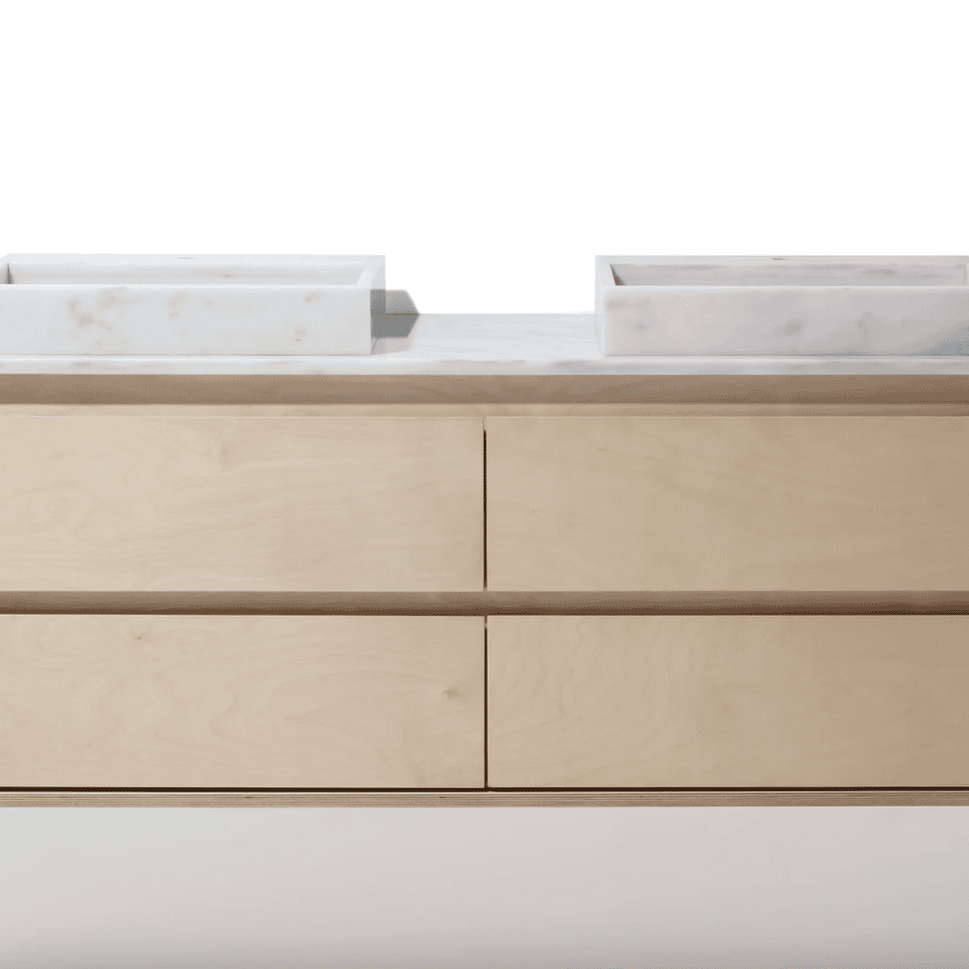 Mable double vanity with light wood.