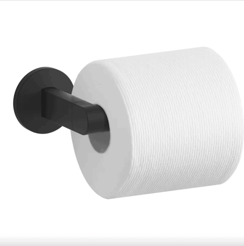 Bath tissue holder in matte black.