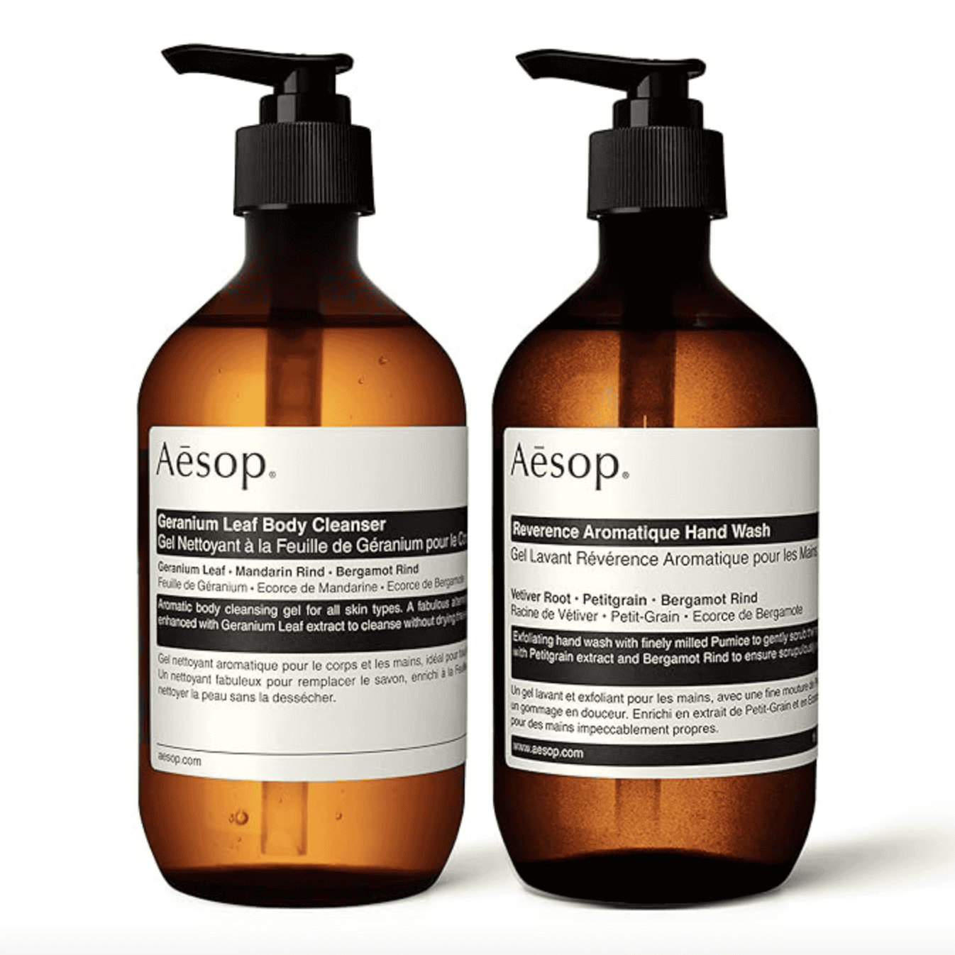 Bottles of Aesop hand wash and body cleanser.