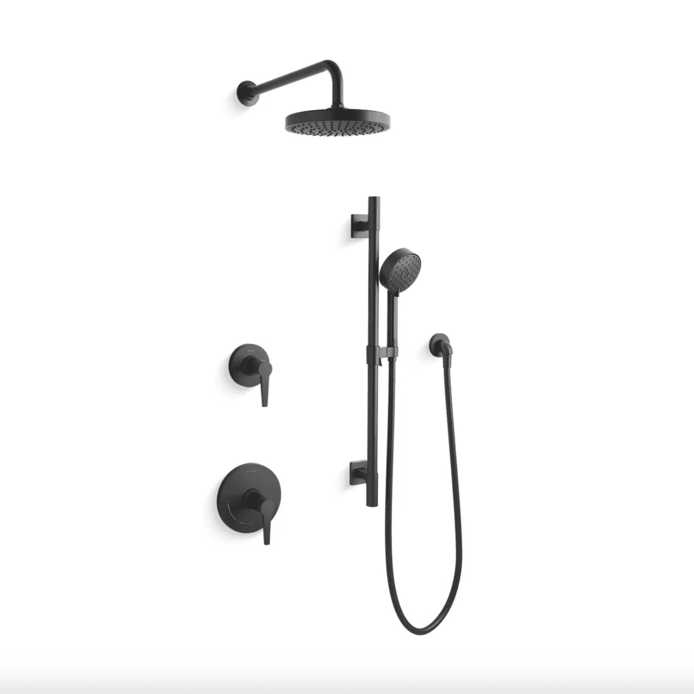 Matte black shower kit on a white surface.