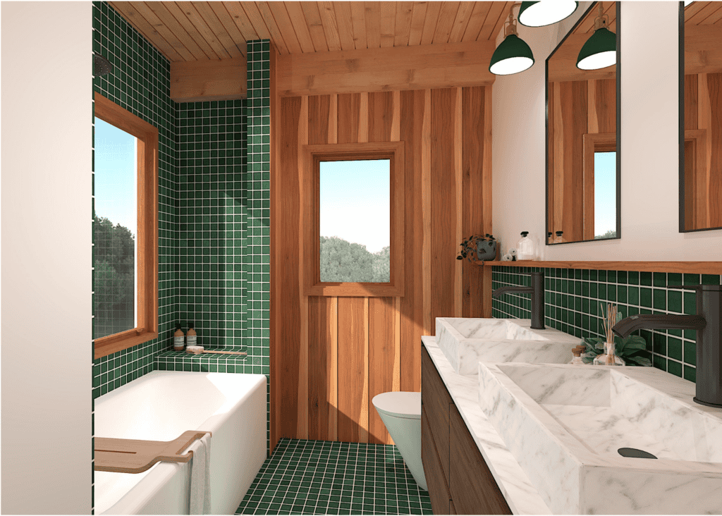 Wood paneling and green tiles in a bathroom with a marble sink.