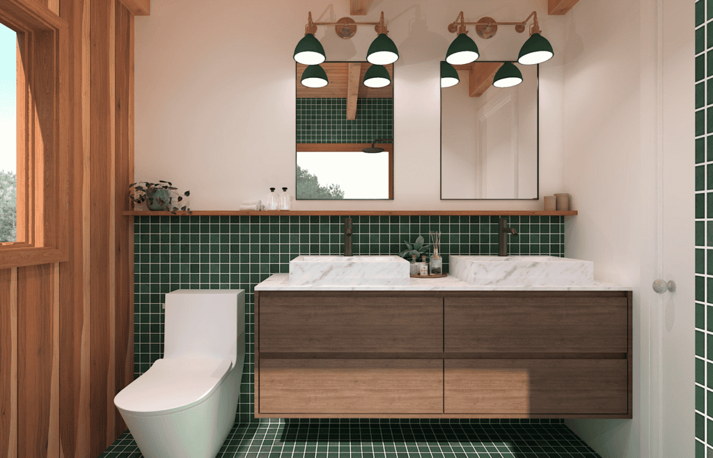 Green-tiled bathroom with a floating vanity.