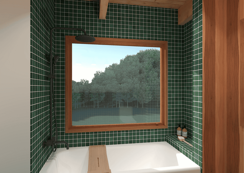 Large window in a green-tiled wall.