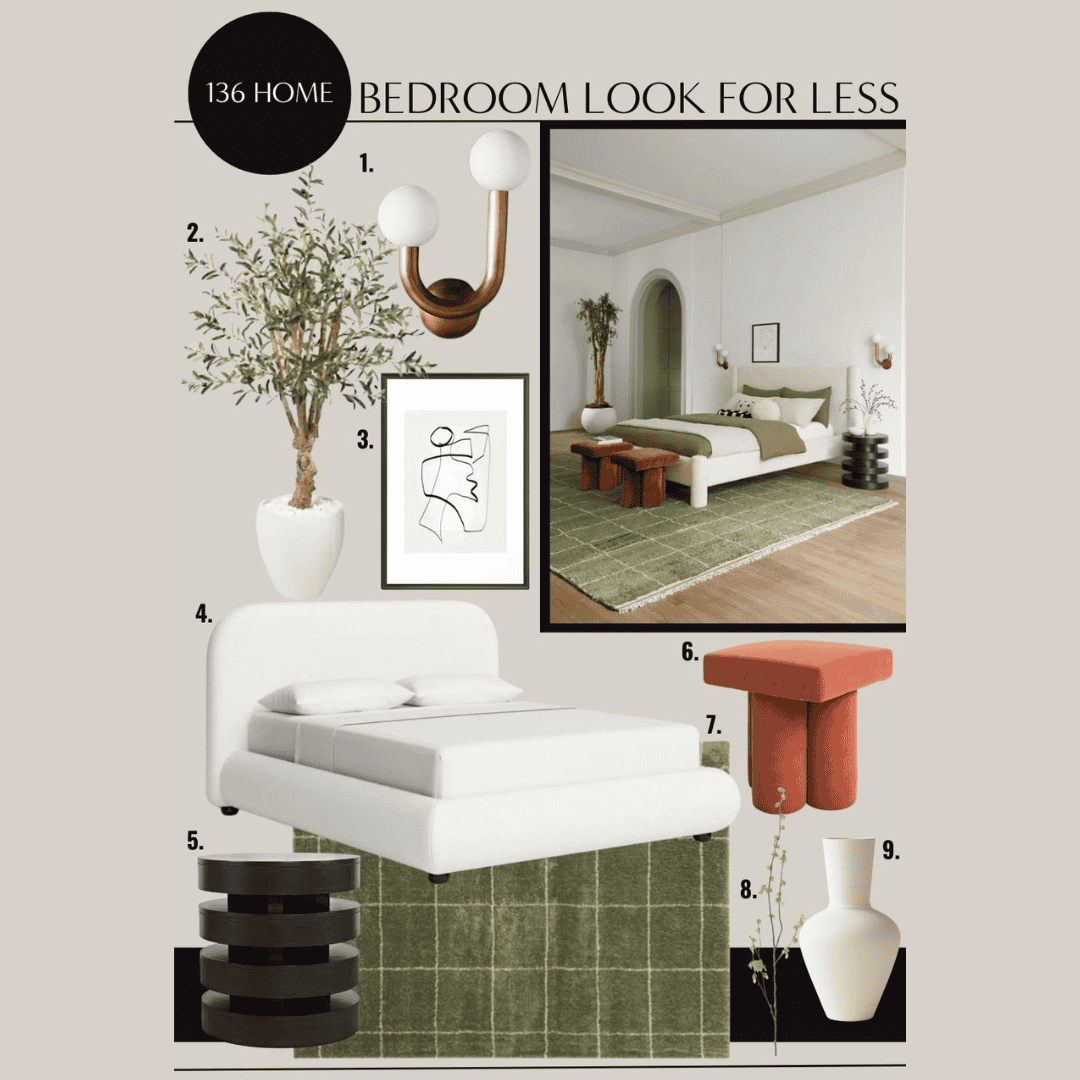 Number list of items include art, a white vase, and a white bed.