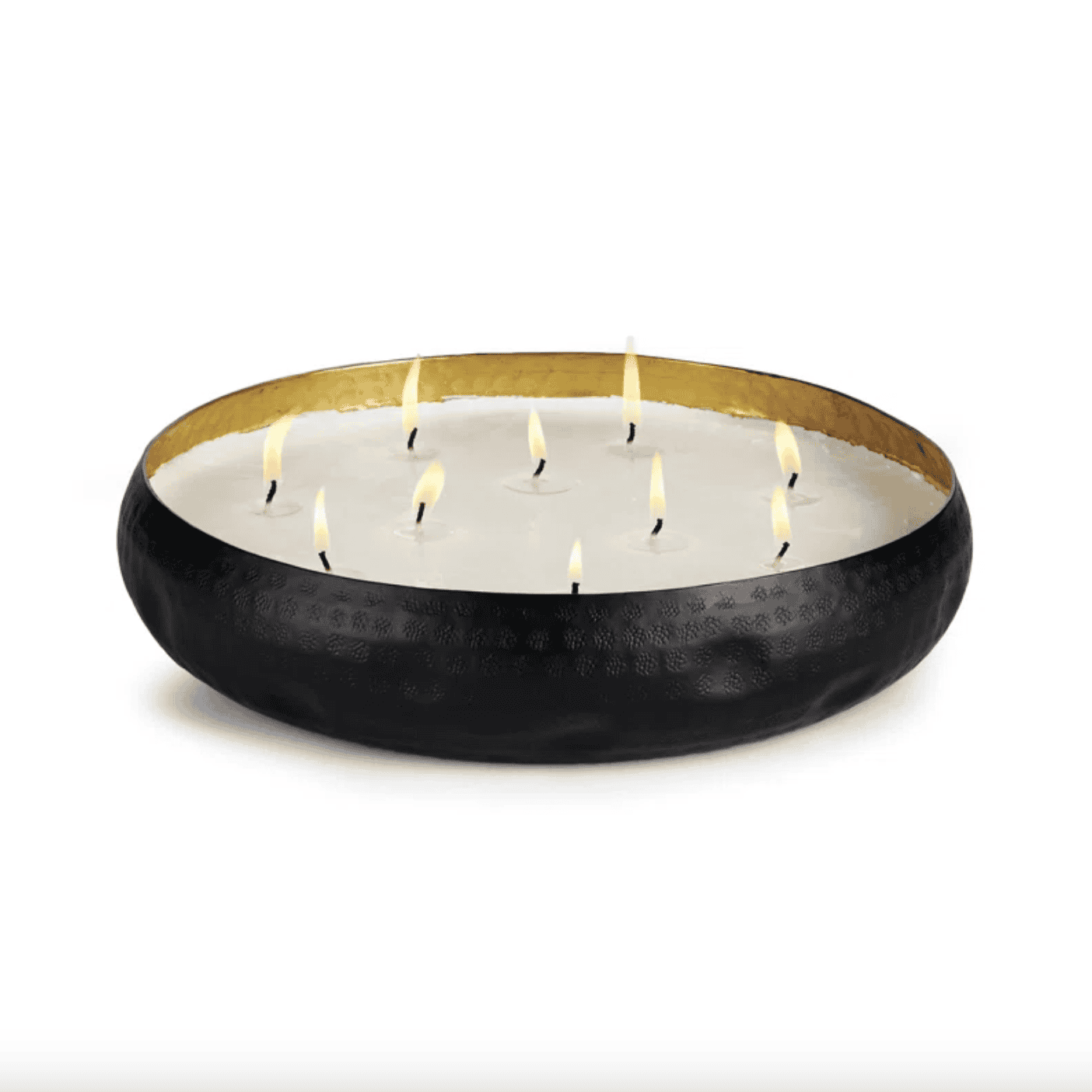 Ten wick candle in a black, round holder.