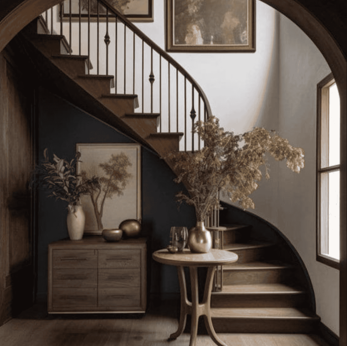 Vases, branches, and wooden furniture in front of a curved staircase.