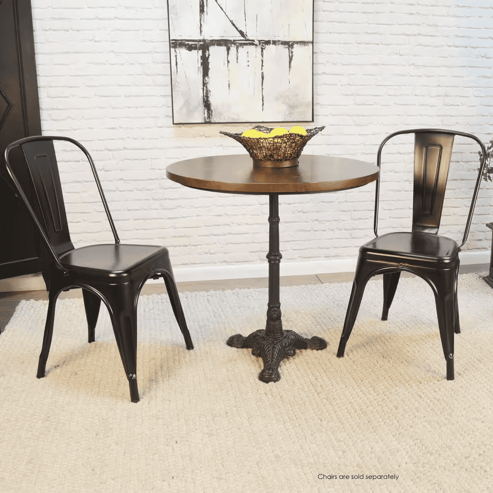 Black bistro table set with two chairs.